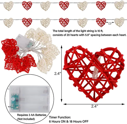 Vista 3 de Happy Trees Guirnalda de luces de San Valentín, 10 pies, 20 luces LED en forma de corazón en cadena, luces románticas de hadas con batería