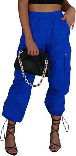 Vista 14 de Pantalones de paracaídas para mujer, cintura alta elástica, pantalones cargo Y2K holgados con 4 bolsillos