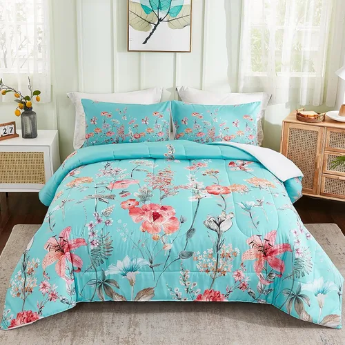 Vista 2 de Juego de edredón de cama tamaño Queen con estampado floral, color azul verdoso, juego de ropa de cama de estilo rústico francés, juego de edredón
