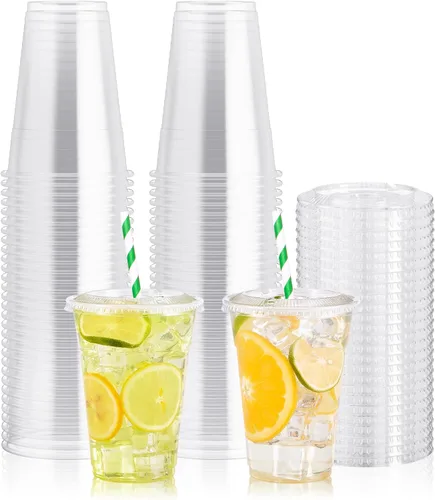 Vista 9 de Paquete de 100 vasos de plástico transparente de 12 onzas con tapas de cúpula, tazas desechables de parfait de postre para helado, bebidas de café