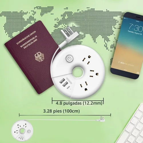 Vista 2 de Regleta de alimentación de viaje, NTONPOWER 3 tomas de corriente 3 USB (1 USB C) Regleta de alimentación aprobada para cruceros, cable de extensión