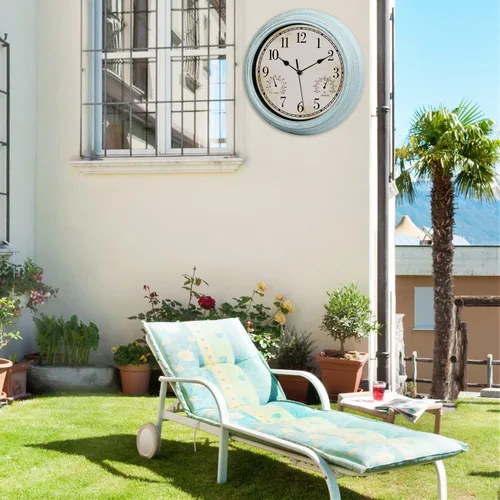 Vista 2 de Reloj de pared retro impermeable de 12 pulgadas para interiores y exteriores, con termómetro e higrómetro, funciona con pilas, reloj de pared