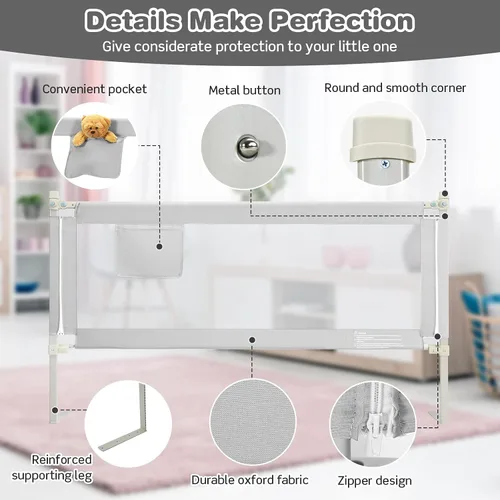 Vista 8 de BABY JOY Riel de cama para niños pequeños, 69 pulgadas, extra largo, altura ajustable y plegable, protector de riel de cama de bebé con bolsillo