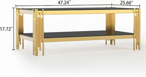 Vista 2 de Mesa auxiliar rectangular de vidrio de 48 pulgadas, mesa de centro de 2 niveles con parte superior de vidrio templado negro, patas de acero