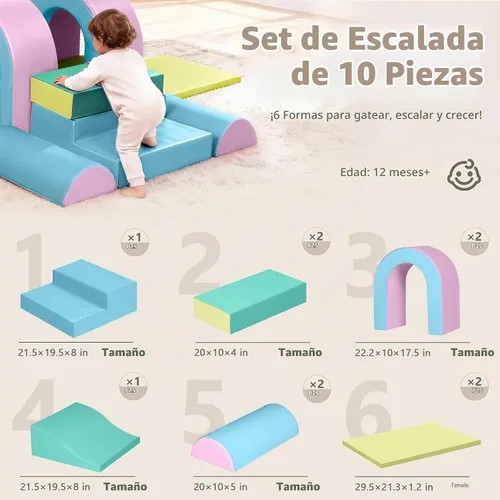 Vista 7 de Kinder King Juego de actividades de escalada y gateo, bloque de espuma suave de 10 piezas para escalar, gatear y deslizarse, escalador