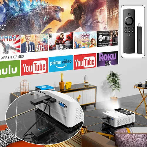 Vista 6 de TMY Proyector WiFi con Bluetooth 5.1, mini proyector de película compatible con 1080P, compatible con TV Stick, teléfono, computadora, HDMI, USB, TF