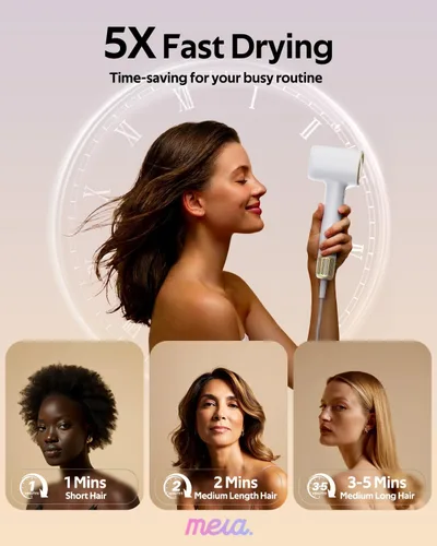 Vista 4 de Mera Bio-Ionic - Secador de pelo para mujer, secado rápido profesional de 1400 W con difusor y concentrador, tecnología de iones negativos