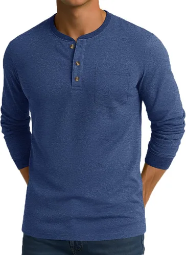 Vista 11 de CRYSULLY Camisa de manga larga para hombre, de algodón, con bolsillo de 3 botones, camisetas casuales elegantes ligeras tipo pullover
