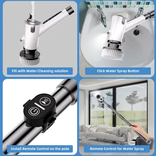 Vista 2 de Limpiador eléctrico giratorio con pulverizador de agua, limpiador eléctrico mejorado para bañera y azulejos con control remoto IPX7 resistente al