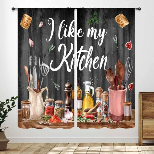 Vista 7 de Cortinas de cocina rústicas, color negro y blanco, tablón de madera con cuchillo y cuchara para barra, bolsillo para barra, tratamiento de ventana