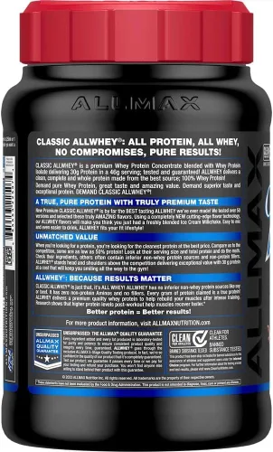 Vista 2 de ALLMAX Classic AllWhey - Proteína en polvo de suero de leche, chocolate, 2 libras, 1.06 oz de proteína por cucharada, sin gluten, baja en azúcar