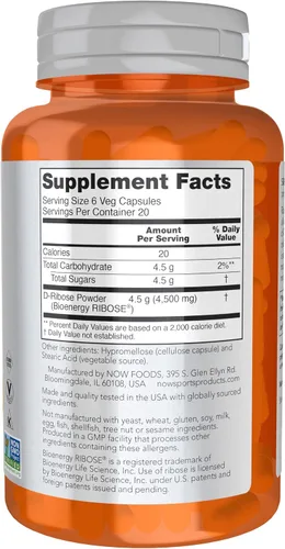 Vista 2 de NOW Sports Nutrition, D-Ribosa 750 mg, certificado sin OMG, producción de energía*, 120 cápsulas vegetales