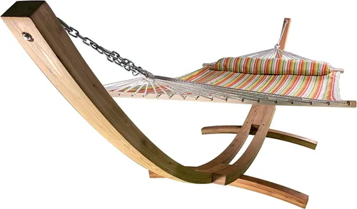 Vista 7 de Hamaca de arco de madera tratada con agua de 14 pies + cama hamaca acolchada de primera calidad, cama doble acolchada. Cama para 2 personas. Beige