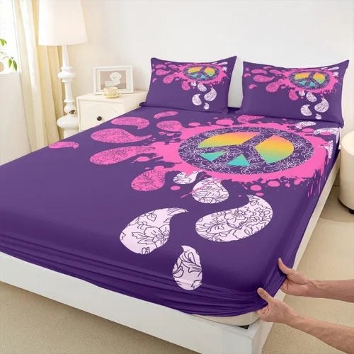Vista 6 de Erosebridal - Juego de sábanas hippie para niños, tamaño doble, diseño de signo de la paz púrpura, sábana bajera bohemia, exótica para niños