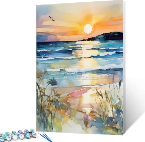 Vista 13 de Pintura por números, puesta de sol, playa, paisaje marino, abstracto, playa, bricolaje, pintura sobre lienzo con pinceles, pinturas acrílicas