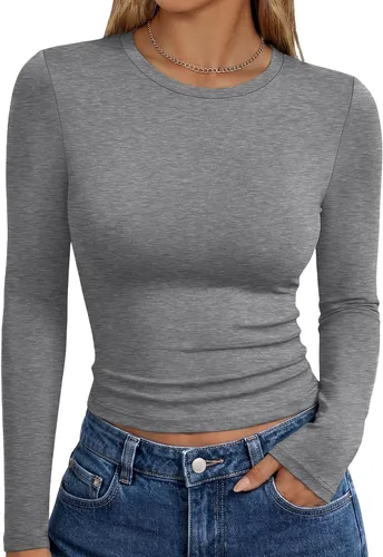 Vista 13 de Trendy Queen Camisetas de manga larga para mujer, camisetas básicas de Verde militar