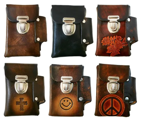 Vista 3 de Estuche de cigarrillos de cuero hecho a mano, bolsillo para encendedor, muchos diseños repujados