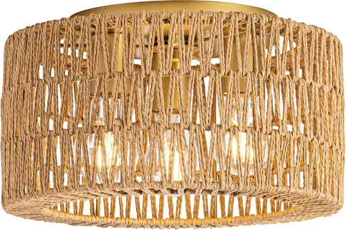 Vista 9 de Rpzloila Lámpara de Techo de Ratán, Accesorio de Luz Bohemia Dorada, Lámpara de Techo Cuadrada de Montaje Empotrado para Dormitorio, Pasillo