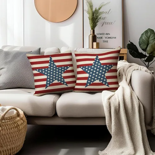 Vista 227 de Juego de 2 fundas de almohada de 16 x 16 pulgadas, diseño patriótico de bandera estadounidense con estrellas para exteriores, estilo casa de campo