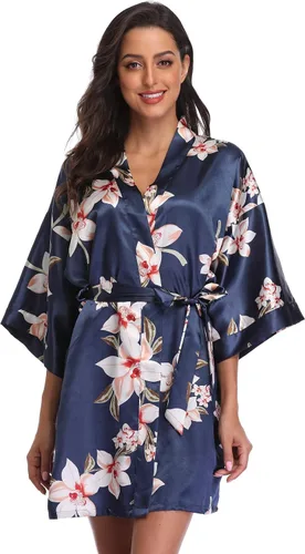 Vista 2 de Vestir de temporada. Batas para mujer de estilo floral, para dama de honor, kimono corto satinado, ropa de cama, para despedida de soltera