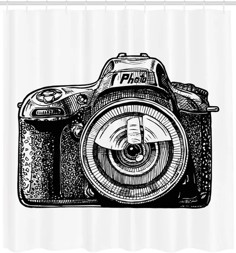 Vista 2 de Ambesonne Cortina de ducha con cámara, dispositivo fotográfico retro con diseño artístico de captura de recuerdos, impresión clásica de los viejos
