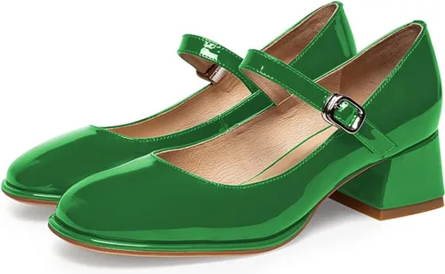 Vista 2 de FSJ Zapatos de vestir clásicos Mary Jane para mujer, con puntera cerrada, tacón bajo de bloque grueso, cuero brillante, cómodos, sin cordones