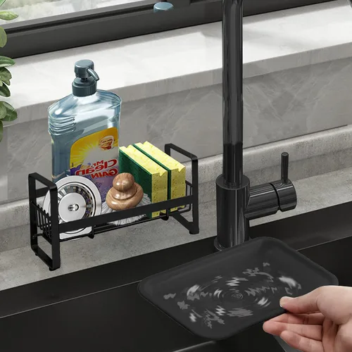 Vista 4 de Soporte de esponja de cocina para fregadero, organizador de fregadero de cocina, escurridor de bandeja de fregadero, trapos de platos, cepillo