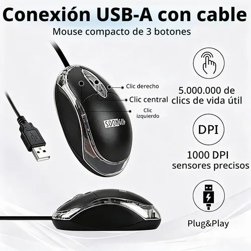 Vista 3 de SOONGO - Ratones ópticos con cable USB para computadora portátil, color negro, cable de 4.9 ft