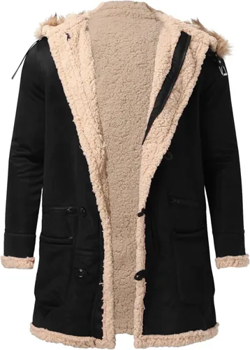 Vista 2 de BIFUTON Abrigos de invierno para hombre, abrigo de piel de oveja de piel de oveja de piel de oveja con capucha gruesa y cálida para hombre