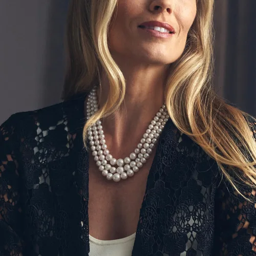 Vista 6 de Ross-Simons 6-11.5mm Cultured Pearl Graduated 3-Strand Necklace With 14kt Yellow Gold