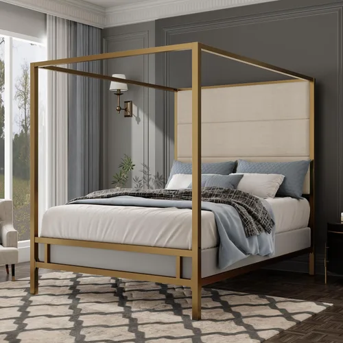 Vista 8 de Cama de Plataforma con Dosel de 4 Postes de Lujo Moderna Tamaño Queen con Cabecera Alta Tapizada en Terciopelo, Marco de Cama de Plataforma