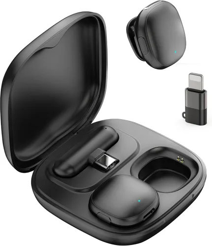 Vista 12 de NPTCL 2 en 1 Micrófono de solapa Lavalier inalámbrico para iPhone iPad Android Noise Canceling Clip Mic, LED Charge Display, 70Ft Transmission, 24