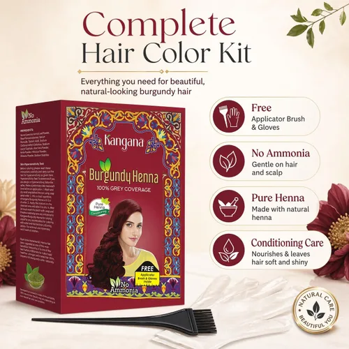 Vista 5 de Kangana Polvo de henna burdeos para una cobertura del 100% de las canas, polvo de henna natural para teñir el cabello, 5 bolsas