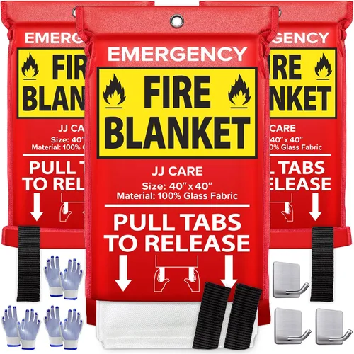 Vista 18 de JJ CARE Manta contra incendios – 2 paquetes con ganchos y guantes – Manta de emergencia contra incendios para el hogar y la cocina, mantas