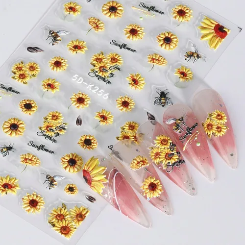 Vista 6 de 4 hojas de calcomanías de girasoles para uñas, calcomanías 5D en relieve de flores de sol de verano, calcomanías de uñas grabadas con flores