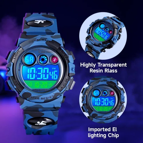Vista 3 de Silike Reloj de pulsera digital para niños con alarma, cronómetro, función de temporizador para niños y niñas (6 a 15 años), color azul militar