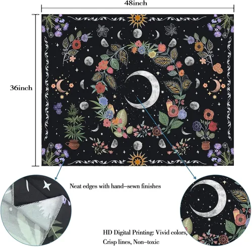 Vista 5 de Kanuyee Tapiz Floral de Luna Tapiz de Flores para Dormitorio Tapices Bohemios para Colgar en la Pared Estético para Dormitorio y Sala de Estar Luna