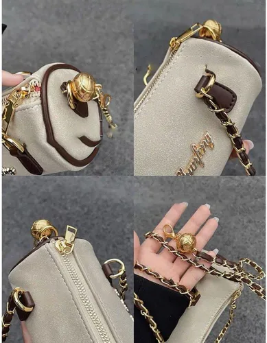 Vista 3 de Bolso cilíndrico de cadena vintage, bolso de mano suave de ante para mujer, bolso de mensajero para grupo pequeño con sentido avanzado, Beige
