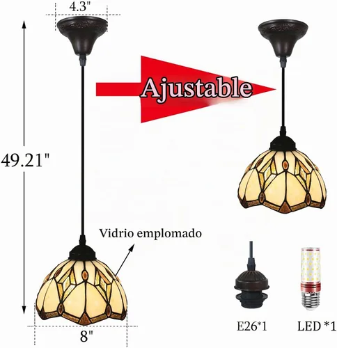 Vista 5 de Lámpara colgante de 8 pulgadas, lámpara de techo colgante de vitrales estilo Tiffany HT