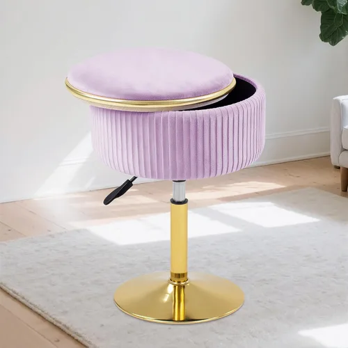 Vista 7 de Taburete de tocador ajustable con almacenamiento, silla taburete de maquillaje giratorio de 360°, otomana redonda pequeña de terciopelo con base