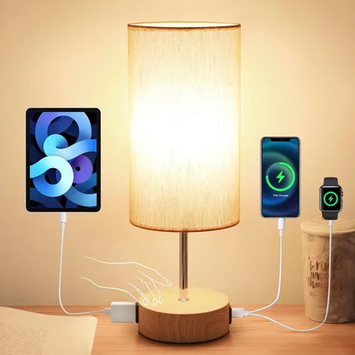 Vista 8 de Yarra-Decor Lámpara de noche mejorada con puertos de carga USB A+C y salida de CA, lámpara de mesa de control táctil para dormitorio, lámpara de Gris