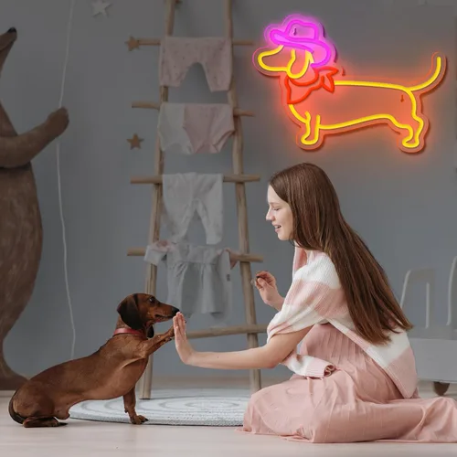 Vista 7 de Letrero de Neón de Dachshund para Decoración de Pared, Letrero de Perro de Neón, Lindo Cachorro con Sombrero de Vaquero, Letrero de Luz LED