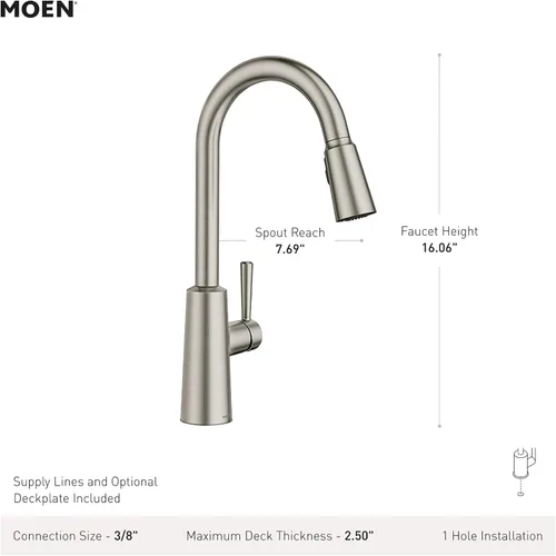 Vista 3 de Moen Riley - Grifo de cocina cromado de una sola manija con sistema de extracción que incluye Power Boost para una limpieza más rápida y sistema