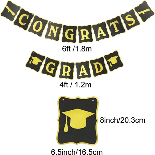 Vista 6 de ZERODECO Decoraciones para graduación, cartel en negro y dorado, pompones de papel espirales colgantes, confeti de papel, guirnaldas y globos