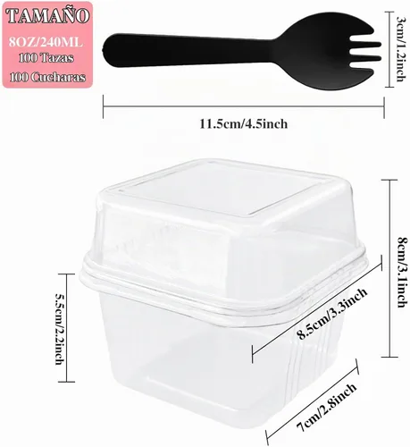 Vista 2 de Qyyiguf 100 piezas de vasos de plástico para postres con tapas y cucharas, vasos cuadrados de parfait de 8 onzas, recipientes desechables