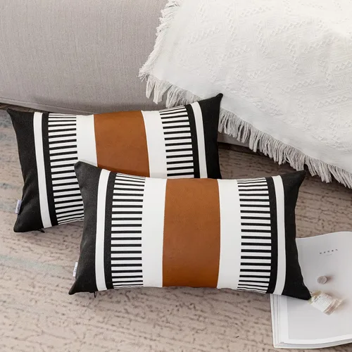 Vista 4 de Funda de almohada lumbar decorativa a rayas 12x20 negro, blanco