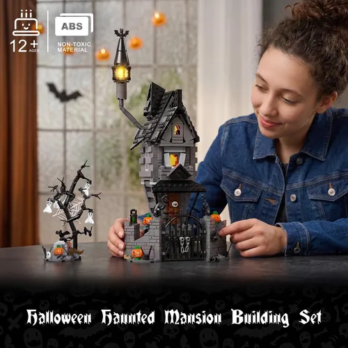 Vista 6 de Juego de construcción de mansión embrujada de Halloween 2026, juego de bloques de construcción de casa embrujada antes de Navidad, calabazas que