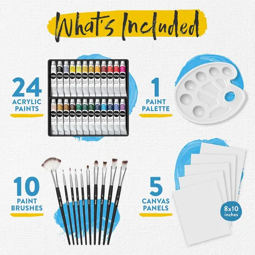 Vista 3 de Chalkola Juego de 40 pinturas acrílicas para adultos con 24 pinturas acrílicas (0.8 onzas líquidas), 10 pinceles de pintura, 5 lienzos para pintar