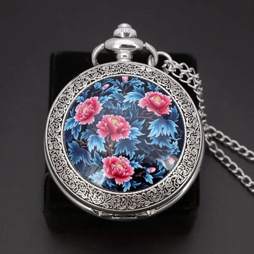 Vista 2 de VIGOROSO Cuarzo Hermoso Peony Bird Esmalte Pintura Steampunk Relojes de bolsillo de plata en caja