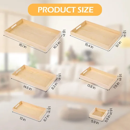 Vista 2 de Aodaer 7 bandejas de madera, bandejas de madera anidadas para servir, bandeja rectangular de madera con asas para cocina, fiesta, cena, aperitivos